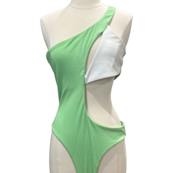 NWT ZAFUL Women’s One Piece Cutout Swimsuit Lime Green & White Size XL (10) - Picture 2 of 4